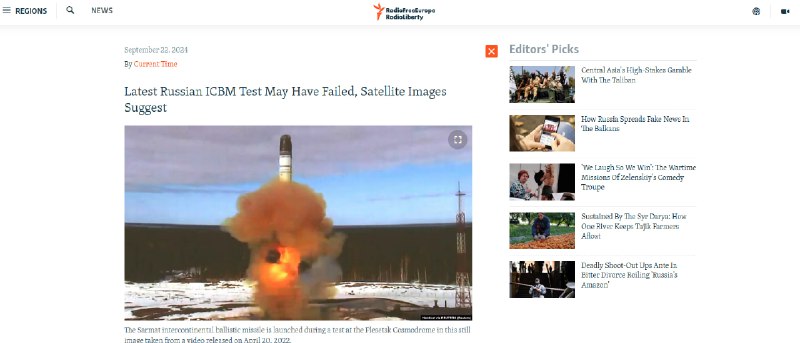 据《自由欧洲电台/自由电台》（RFE/RL）报道，俄罗斯最近威胁的核试验以失败告终，萨尔马特洲际导弹直接在发射井里爆炸了