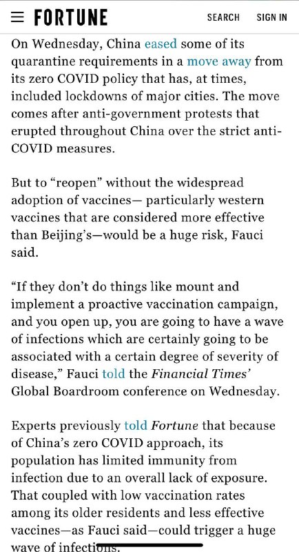 福奇评中国放松防疫措施