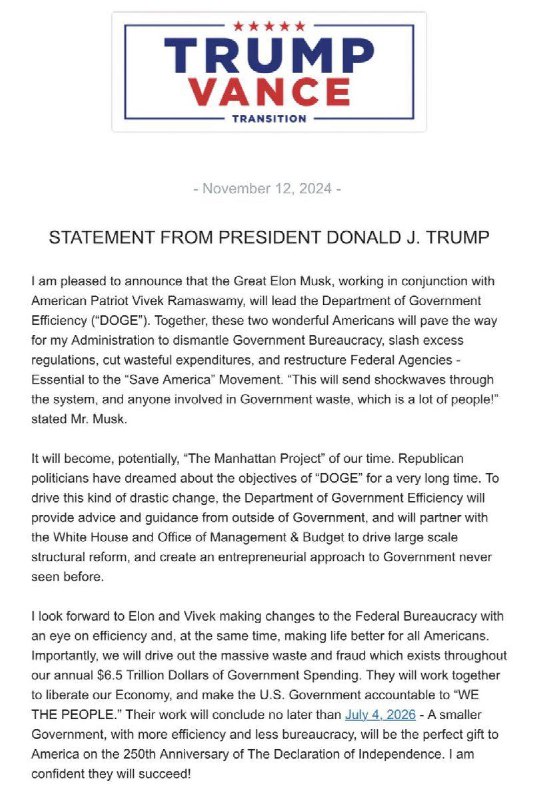 Elon Musk和Vivek Ramaswamy将领导川普新成立的政府效率部（Department of Government Efficiency，DOGE）