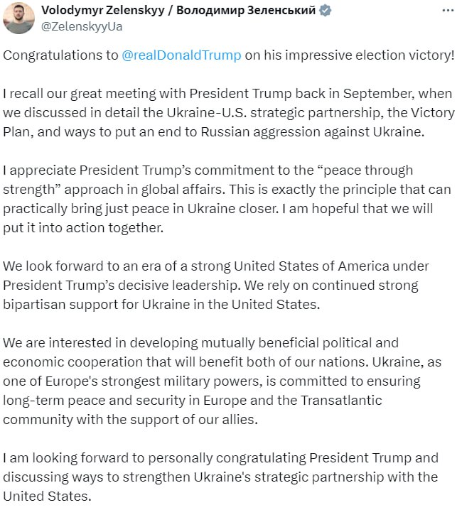 泽连斯基祝贺川普当选美国总统