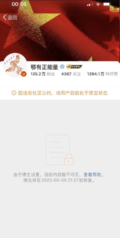 网暴武汉车祸身亡学生母亲并导致其自杀的主犯、微博有125万粉的粉蛆头子“鄂有正能量”被禁言