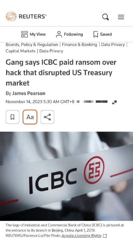 据黑客组织称，工商银行已支付赎金路透社