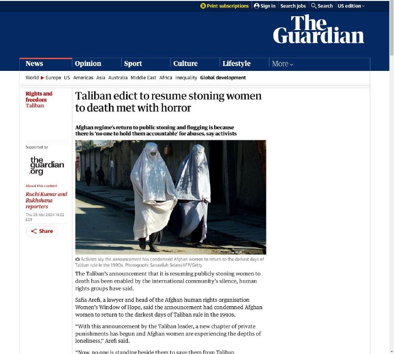 中共的动物朋友塔利班恢复对通奸妇女的公开石刑塔利班最高领导人海巴图拉·阿洪扎达 (Hibatullah Akhundzada) 在周末宣布，该组织将开始在阿富汗执行其对伊斯兰教法的解释，包括恢复对通奸妇女的公开鞭刑和石刑