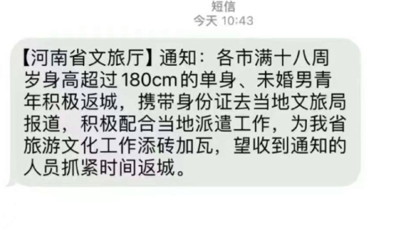 河南省文旅局的短信，号召各市身高超过180的未婚男青年抓紧时间去当地文旅局报道，积极配合当地派遣工作，为我省旅游文化工作添砖加瓦