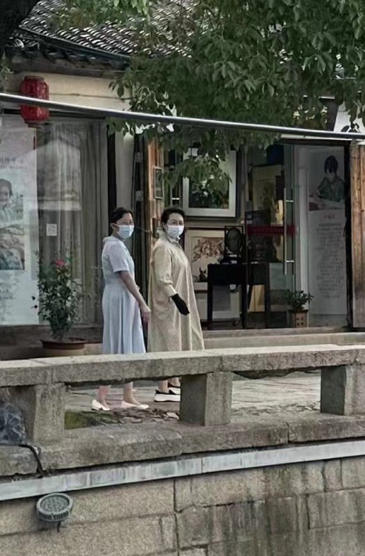 习近平和彭丽媛在苏州平江路游览，彭丽媛与身边人都戴着口罩