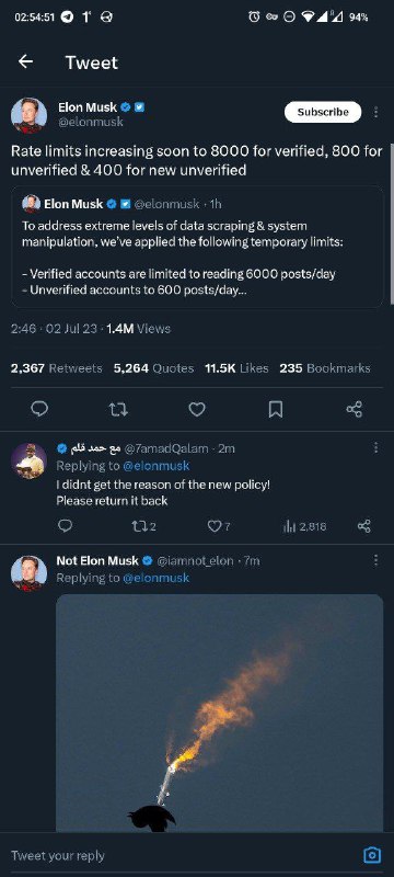 他把每日限额又提升了，Blue用户每日8000个，普通用户每日800个，新用户每日400个但我的评价还是马斯克你妈死了投稿By