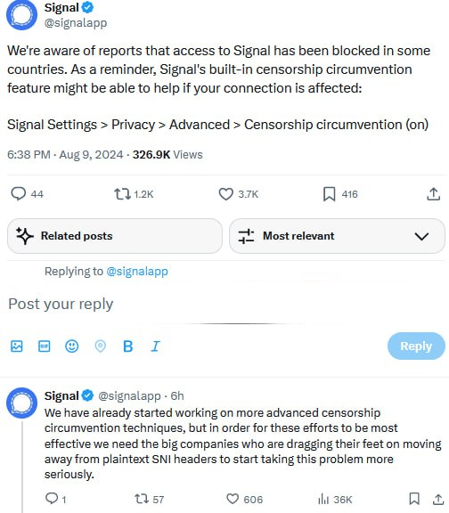 Signal违反俄罗斯反恐法被俄罗斯当局封锁8月9日，俄罗斯电信监管机构Roskomnadzor已限制访问Signal，给出的理由是Signal违反了俄罗斯反恐和反极端主义立法
