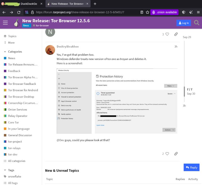 Windows自带的杀毒软件错将tor.exe识别为木马进行隔离，导致Windows用户无法使用最新版本的Tor浏览器（12.5.6）