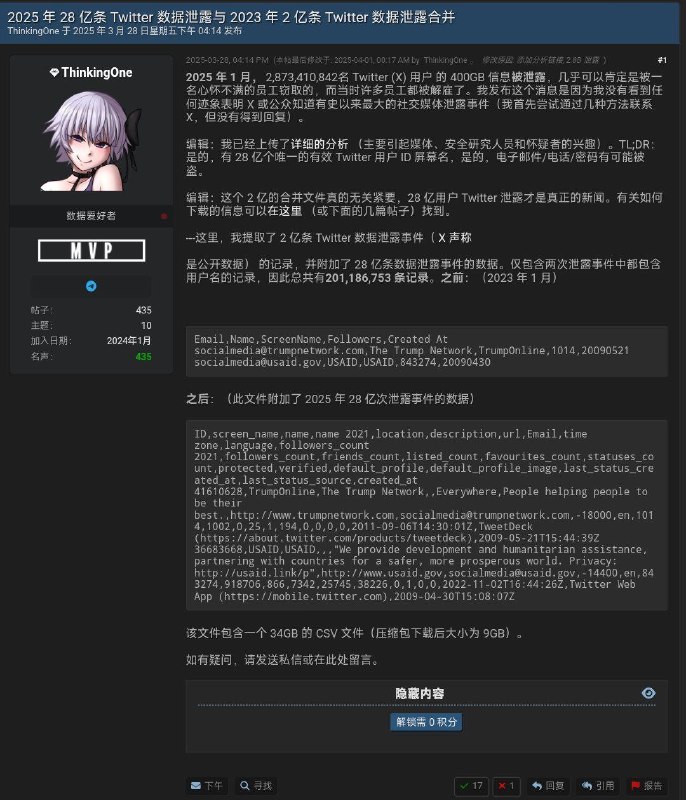2025年28亿条 X（Twitter ）数据泄露，目前的数据中并未包含邮箱、手机号码、账户密码