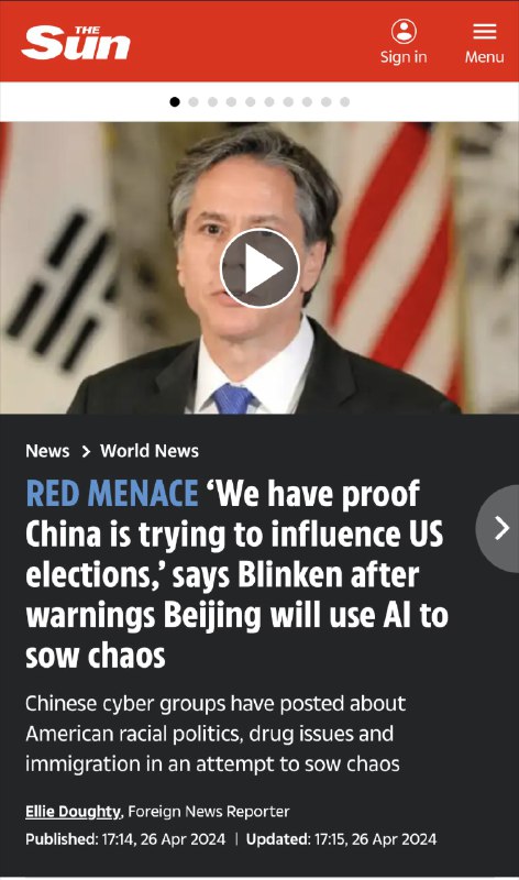 布林肯称，美国已发现中国试图影响大选的证据