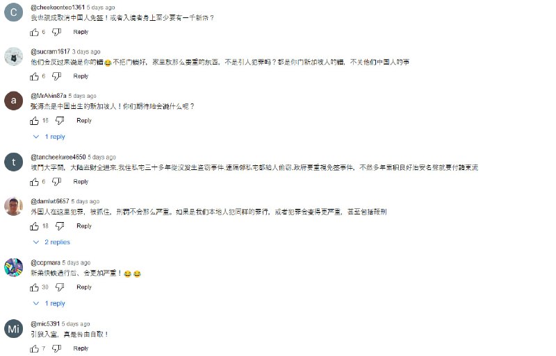 新加坡公共广播服务新传媒（Mediacorp）替为人民行动党（PAP）政府实行的中国人免签政策洗地，下方评论区的新加坡国民第一个不答应🤧