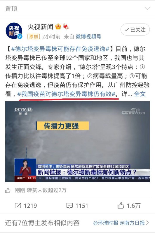 热搜第一，每日一赢！全世界疫苗都对Delta变异无效，只有中国疫苗有效，不管什么牌子，反正是中国就是赢👍