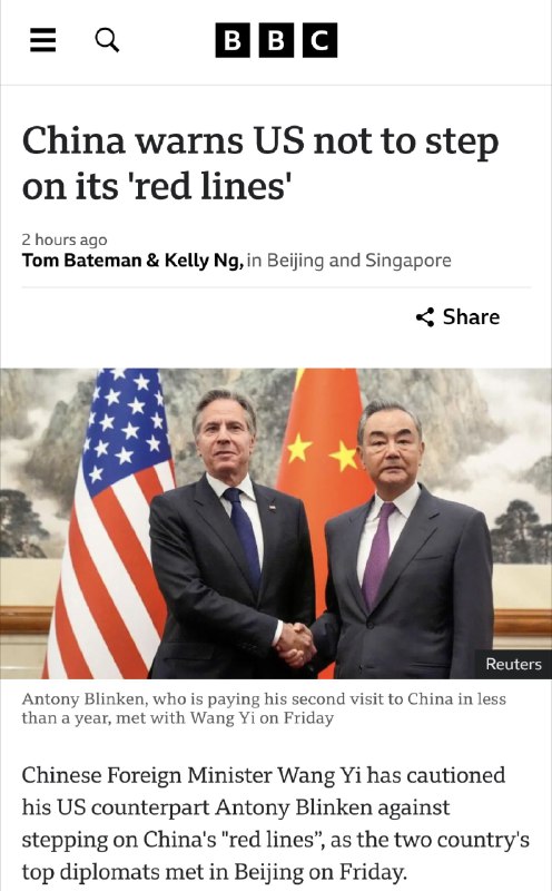 中国外交部长王毅告诫美国外长安东尼•布林肯不要践踏中国的“红线”