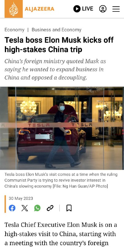 特斯拉 CEO 马斯克访华别问为什么，问就是中国太好赚钱了🤪查看原文