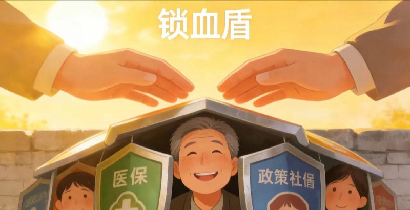 五毛做的ai图，但这人的头顶比底下两个盾都高，顶着沉重的外壳，意思是你们这些底层人帮我们撑着医保和社保？那“我们”是谁呢？