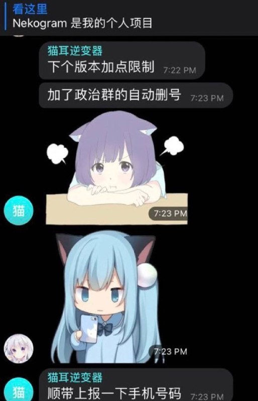就在昨天，Nekogram(知名第三方TG客户端) 被爆出收集窃取用户手机号码，尽管他们在频道疯狂狡辩，不过他们这样做，一点也不奇怪以前Nekogram开发者推送内容为“你妈死了”的通知辱骂用户，且称反共者为“颠覆国家政权的反贼”，为什么还有人要用这个假开源间谍软件啊？😂ps