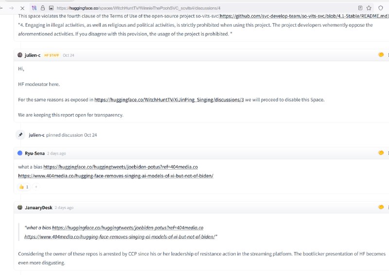 习近平歌声转换项目曾多次遭中国人举报并被强制下架（现已复活），这种漠视自由软件许可的恶意下架已经遭到外国网友关注，外国人发了一篇文章批判huggingface