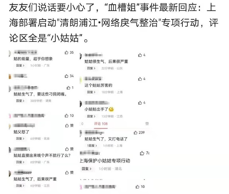血槽姐事件，上海部署启动《清朗浦江 网络厌气整治》专项行动
