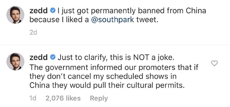 #辱华反华分子介绍 115 Zedd德国著名DJ，因2019年10月在推特上点赞了《南方公园》向中国“道歉”的推文，因此原定在中国的演出计划被强制取消，他也被中国政府列为不受欢迎的人物，遭永久禁止入境
