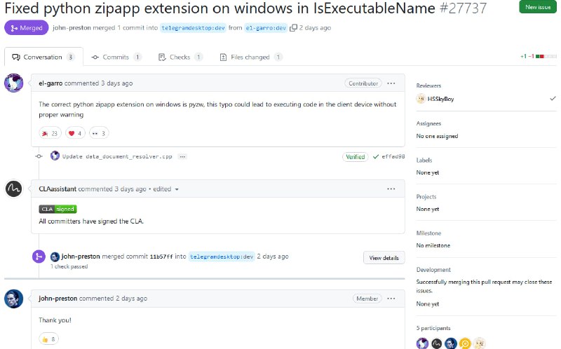 【慢讯】Telegram的RCE已修复Telegram Desktop存储库的data_document_resolver.cpp文件源代码中对Python Zipapp的扩展名拼写错误造成了本次RCE，会让适用于Windows版本的Telegram Desktop绕过安全警告并自动执行扩展名为pyzw的Python文件，并伪装成视频文件来欺骗用户点击执行