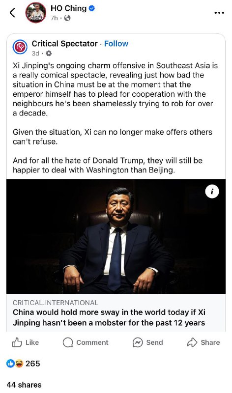 新加坡第一夫人，何晶，转发了个大骂习近平是“霸凌东南亚的黑帮老大”的文章🕶️ 匿名投稿#已举报