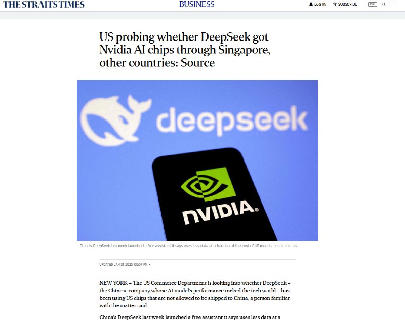 美国商务部正在调查中国公司DeepSeek是否使用了禁止出口到中国的美国芯片DeepSeek最近推出了一款免费的AI助手，迅速成为苹果应用商店最受欢迎的应用，导致美国科技股下跌约1万亿美金