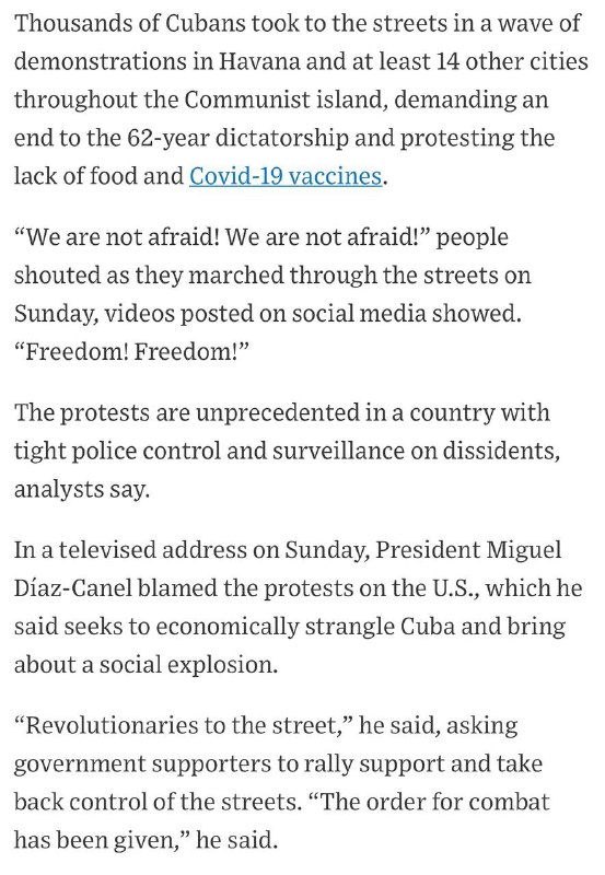 古巴十多个城市爆发前所未有的大规模示威抗议，要求结束62年的独裁统治