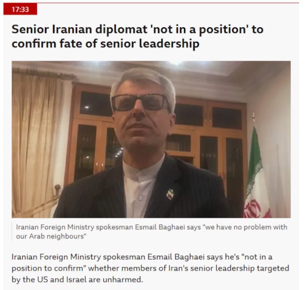 在美以对伊朗发动定点打击、外界高度关注伊朗最高层安危的背景下，伊朗外交部发言人巴盖伊在接受BBC采访时表示自己“无权确认”被锁定打击的伊朗高级领导人是否安然无恙