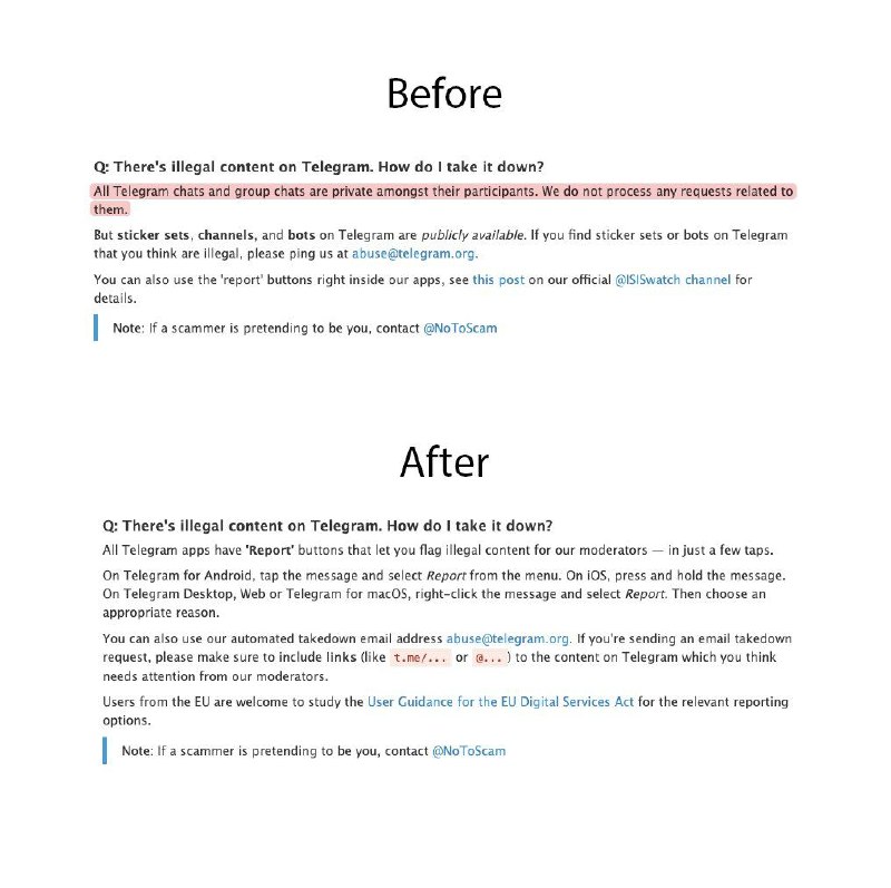 Telegram悄悄更新了常见问题（FAQ），删掉了这一段