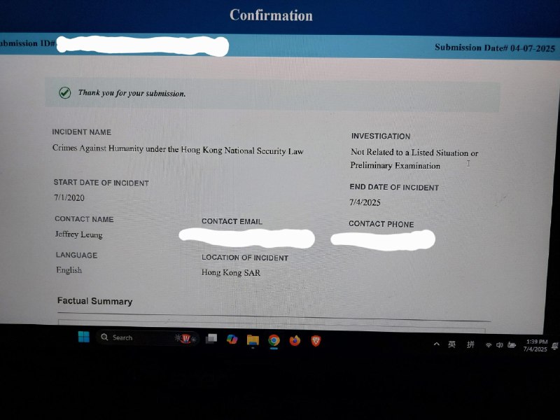 本台管理员易碎君（易碎品编年史）向海牙国际刑事法院（ICC）检察官办公室递交有关香港法官犯下危害人类罪证据的告发文件，随后其亲人被香港当局恐吓和骚扰