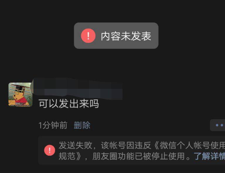 1. 没有好友的未实名微信小号给大号发维尼表情包，被封朋友圈和群功能，所以就算没有人举报，微信团队也会实时审查消息D☆I☆O·马迎新1. 没有好友的未实名微信小号给大号发维尼表情包，被封朋友圈和群功能，所以就算没有人举报，微信团队也会实时审查消息D☆I☆O·马迎新