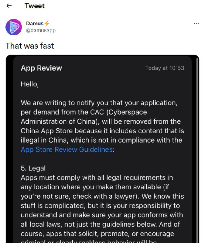 新推出的 Nostr 协议社交平台的第三方 iOS 客户端 Damus，仅上市一日后就被从中国的 Apple Store 下架