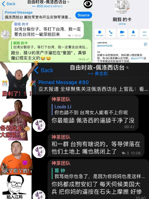 Telegram里疑似人在东南亚、卖他人名下黑电话卡、收U、跑分这类与电信诈骗、洗钱、地下钱庄相关的 #黑产 灰产贩子都相当 “爱国”，#佩洛西 访台让他们在群里垃圾广告都不发了，忙着怼“恨国党”、“台独分子”，这真的很魔幻现实主义！😂🤣😆By
