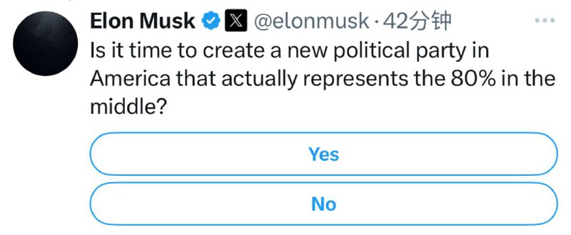 马斯克发推调查“是否是时候成立党派代表80%中间派”没想到这么快就快进到亲密战友准备另立中央了，下一步是不是北逃加拿大，天要下雨伊万卡要嫁人，坠机温哥华