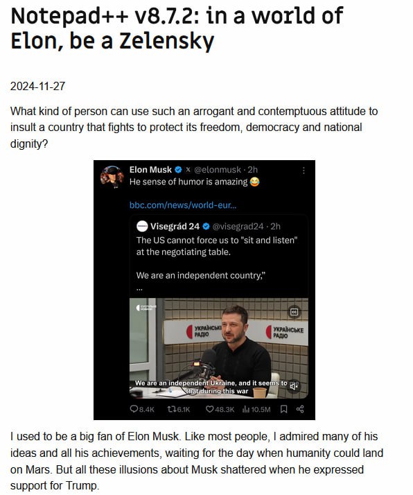 支持台湾独立的Notepad++作者因马斯克宣布支持川普，声称其支持法西斯、种族主义和厌女情绪，而注销X（推特）账号，将账号转移到Bluesky