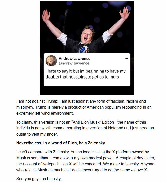 支持台湾独立的Notepad++作者因马斯克宣布支持川普，声称其支持法西斯、种族主义和厌女情绪，而注销X（推特）账号，将账号转移到Bluesky