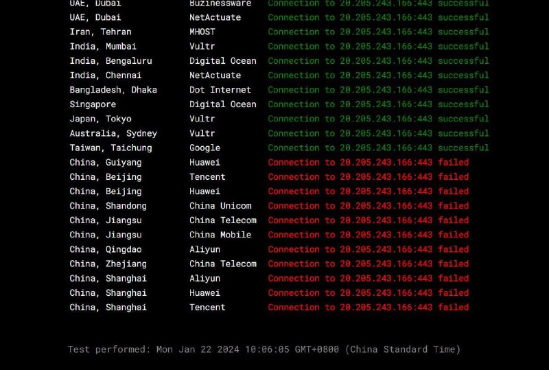 中国当局于近期（最早可追溯至2024年1月16日）封锁了微软旗下的代码托管平台GitHub，使用了IP屏蔽的手段对GitHub的IP地址20.205.243.166进行TCP RST重置，测试结果如下
