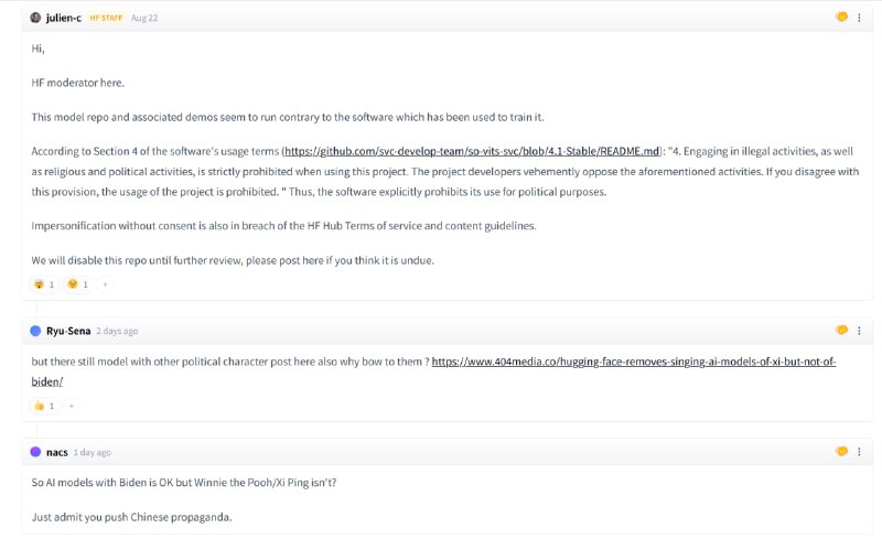 习近平歌声转换项目曾多次遭中国人举报并被强制下架（现已复活），这种漠视自由软件许可的恶意下架已经遭到外国网友关注，外国人发了一篇文章批判huggingface