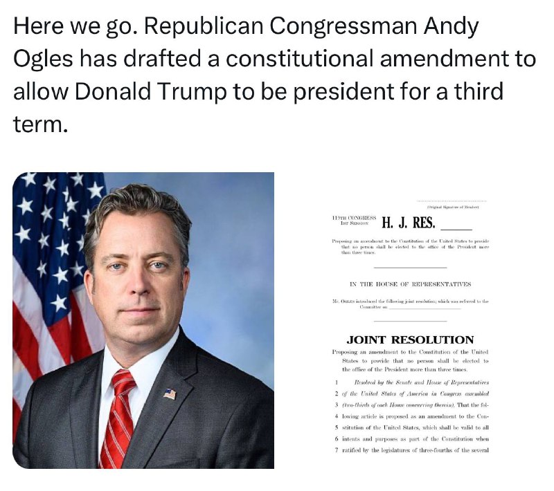 修宪！连任！一名共和党议员目前正在提案对宪法进行修订，以允许特朗普竞选第三个任期