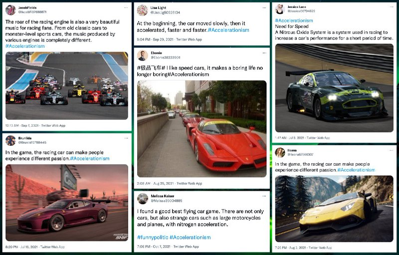 This network tweets about three general topics (with #Accelerationism turning up frequently in its tweets about all of them)• political issues, mostly related to the USA and China• the Suez canal, and blockages thereof• cars (with a fixation on the 