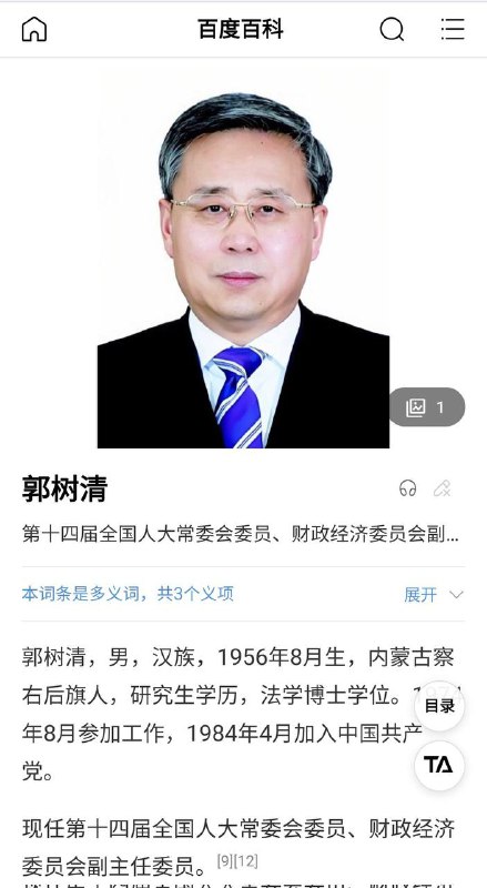 现任第十四届全国人大常委会委员、财政经济委员会副主任委员，原银保监会主席郭树清被带走调查