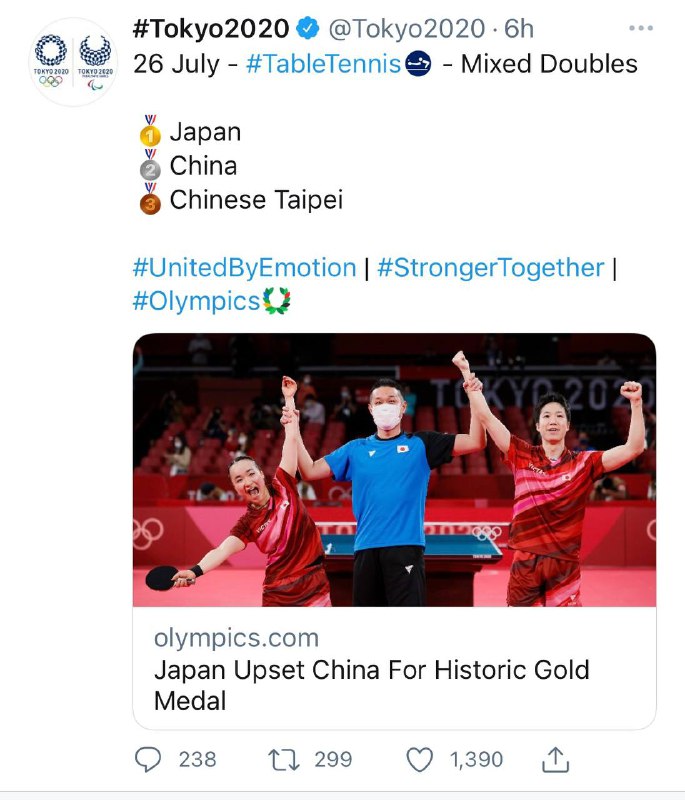 台湾的国旗不能发，但不发看着就很怪，东京奥组委的官推终于想到了办法