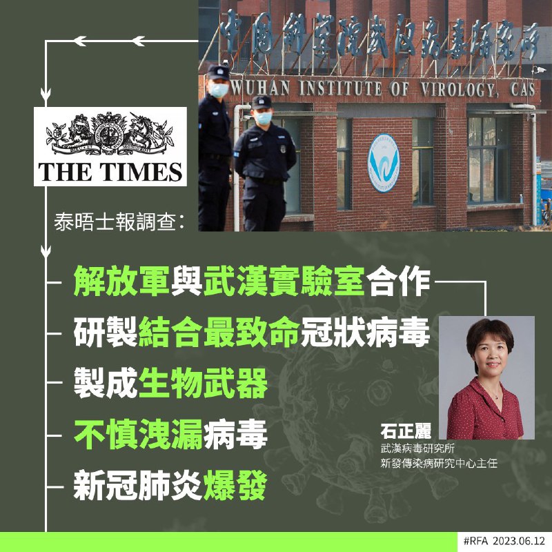自由亞洲引述《星期日泰晤士報》調查報道，指武漢科學家長年與中國軍方合作，秘密將世界上最致命的 #冠狀病毒 結合起來，創造出一種新的變異病毒，目的是要製造出一種生物武器；當病毒不慎傳播開去時，該團隊又參與了掩飾