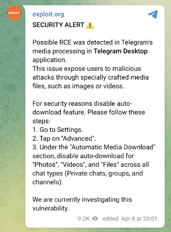 安全警报 ⚠️在Telegram Desktop应用程序的媒体处理中检测到可能存在的RCE