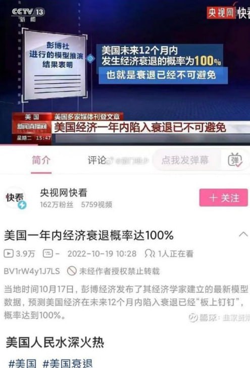 今天是中央电视台发表“美国未来12个月内发生经济衰退的概率为100%”一周年