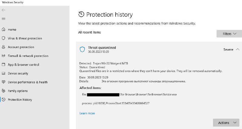 Windows自带的杀毒软件错将tor.exe识别为木马进行隔离，导致Windows用户无法使用最新版本的Tor浏览器（12.5.6）