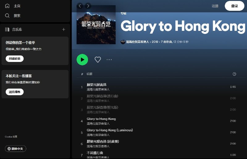 Spotify上《愿荣光归香港》专辑的部分歌曲已恢复上架，但进行曲和圣光版仍无法播放