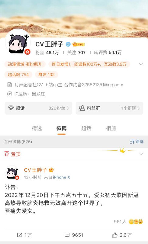 B站up主CV王胖子在微博上发了其女儿感染新冠病逝的讣告，然后他的微博号就搜不到了，没把他封号已是皇恩浩荡
