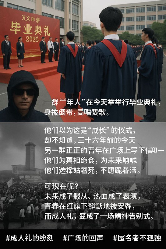 📅 2025年6月4日🏫 XX中学🎓 一群“成年人”在今天举行毕业典礼，身披绶带，高唱赞歌