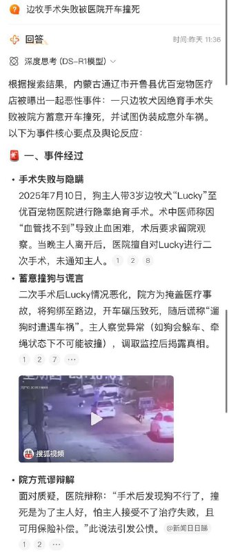 【边牧手术失败被医院开车撞死】医院辩称